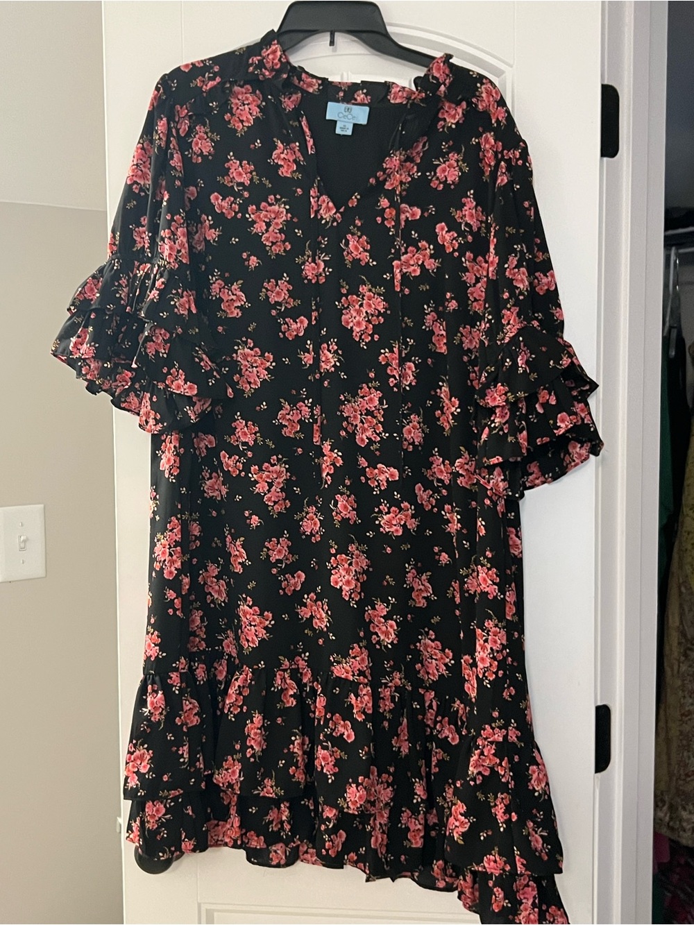 CeCe Black Midi Dress with Pink Floral Ruffle Sleeves